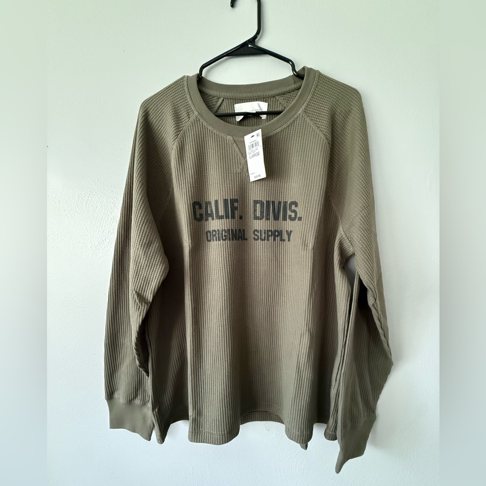Sun + Stone Olive Waffle Knit Top with Black Print